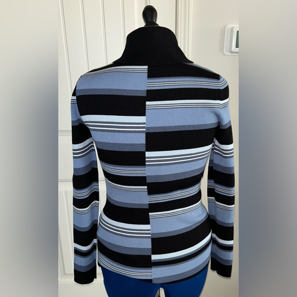 White House Black Market Striped Ribbed Black and Blue Long Sleeve Turtleneck - Picture 5 of 7